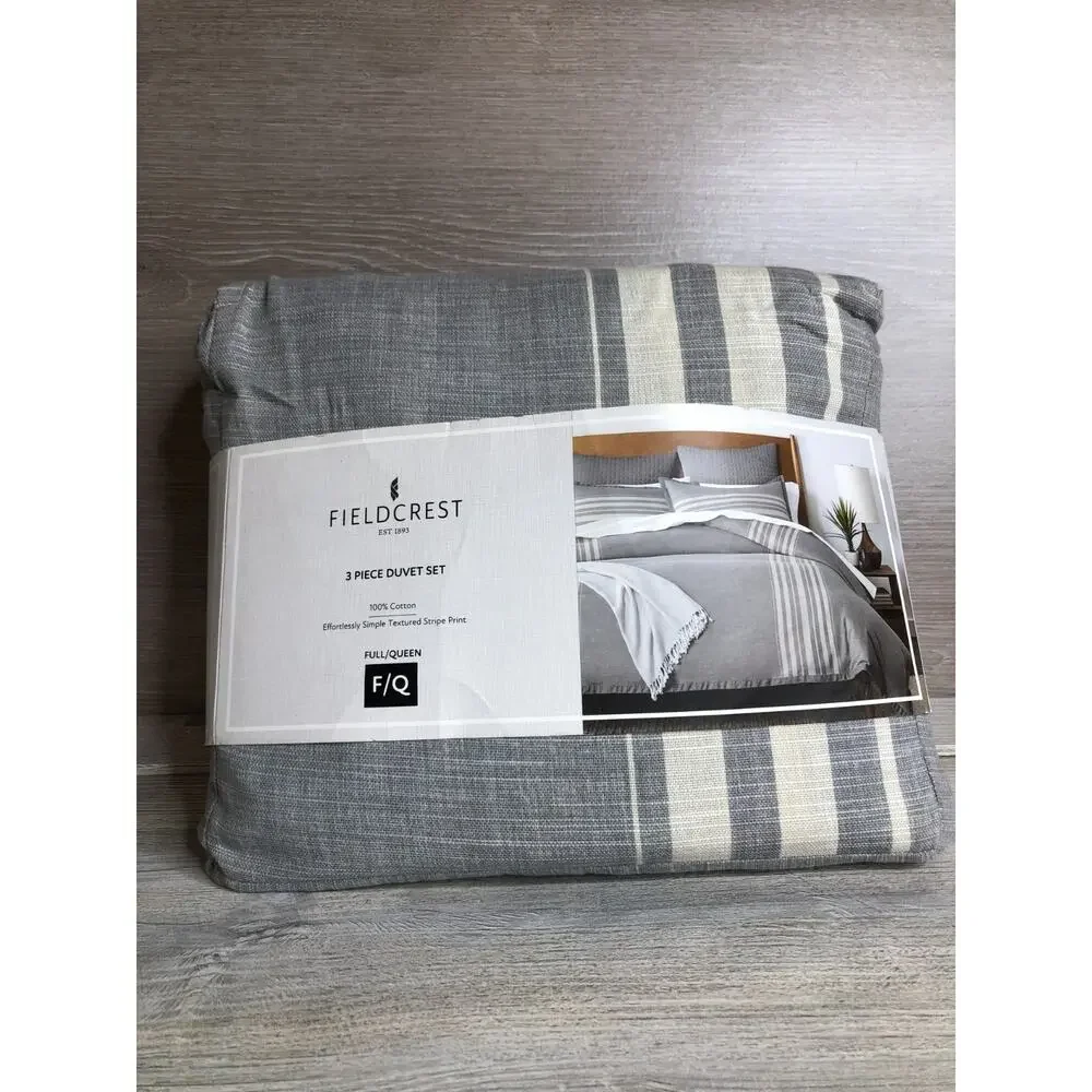 Fieldcrest Full / Queen Duvet Cover Set 3 piece limestone Gray Stripe NEW